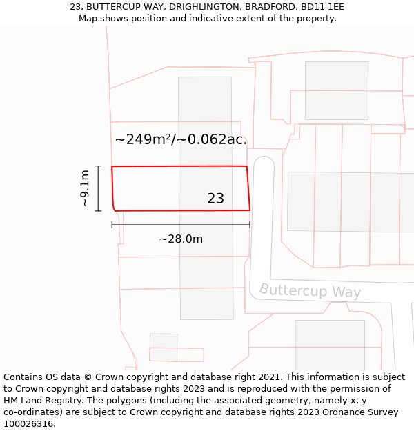 23, BUTTERCUP WAY, DRIGHLINGTON, BRADFORD, BD11 1EE: Plot and title map