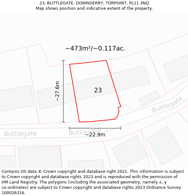 23, BUTTLEGATE, DOWNDERRY, TORPOINT, PL11 3NQ: Plot and title map