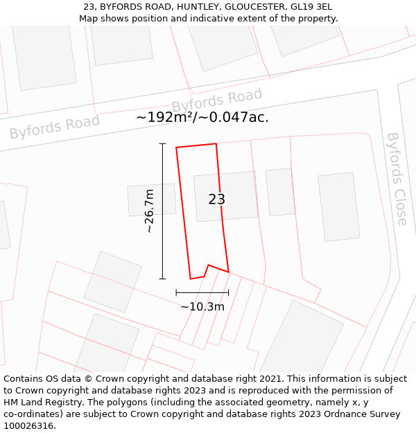 23, BYFORDS ROAD, HUNTLEY, GLOUCESTER, GL19 3EL: Plot and title map