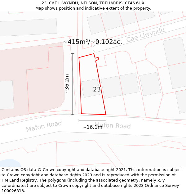 23, CAE LLWYNDU, NELSON, TREHARRIS, CF46 6HX: Plot and title map