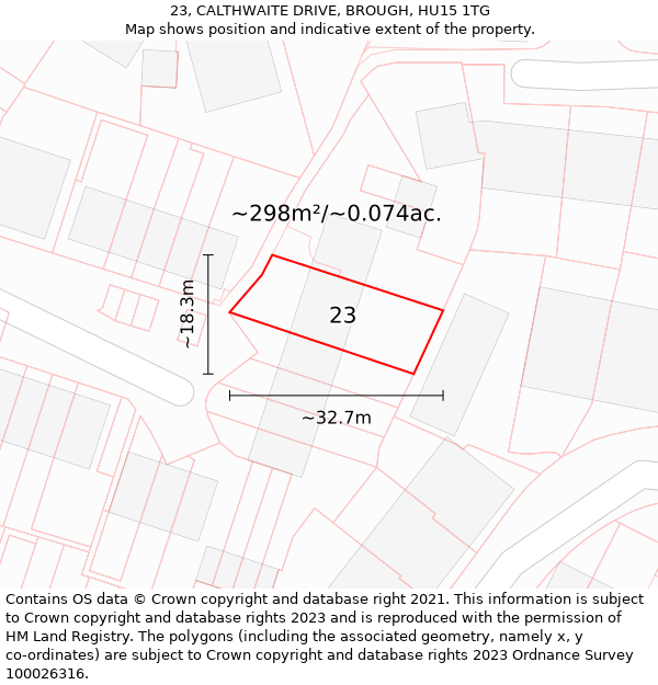 23, CALTHWAITE DRIVE, BROUGH, HU15 1TG: Plot and title map