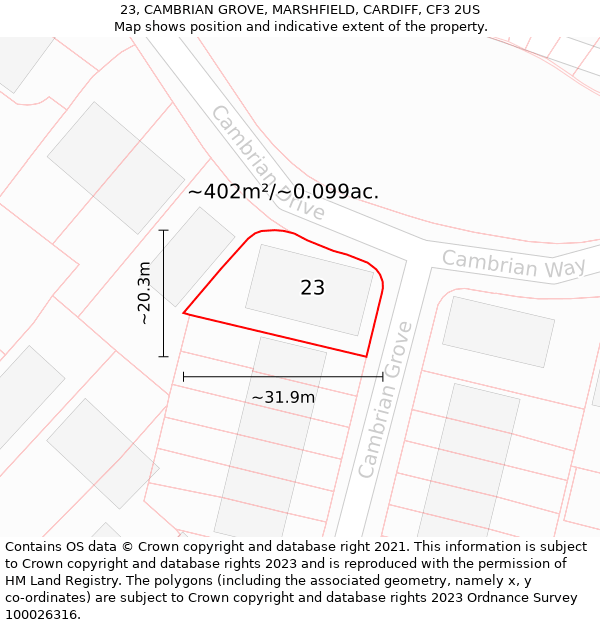 23, CAMBRIAN GROVE, MARSHFIELD, CARDIFF, CF3 2US: Plot and title map