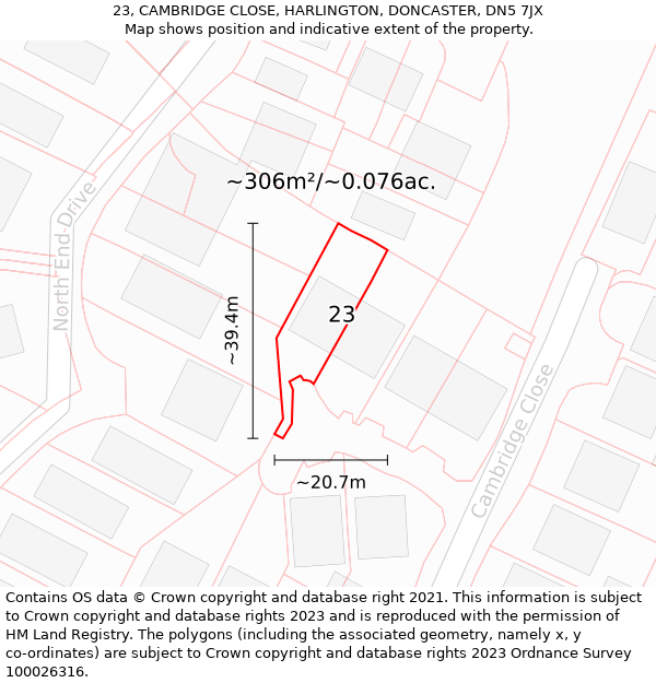 23, CAMBRIDGE CLOSE, HARLINGTON, DONCASTER, DN5 7JX: Plot and title map