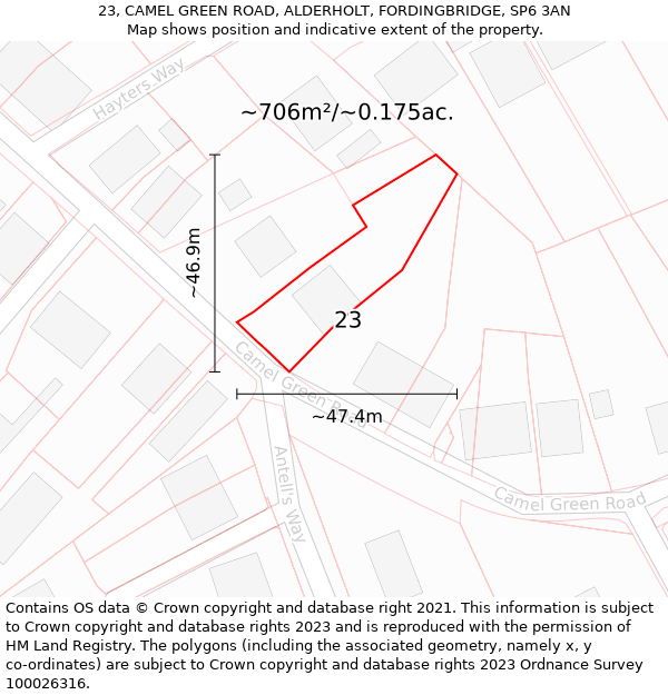 23, CAMEL GREEN ROAD, ALDERHOLT, FORDINGBRIDGE, SP6 3AN: Plot and title map