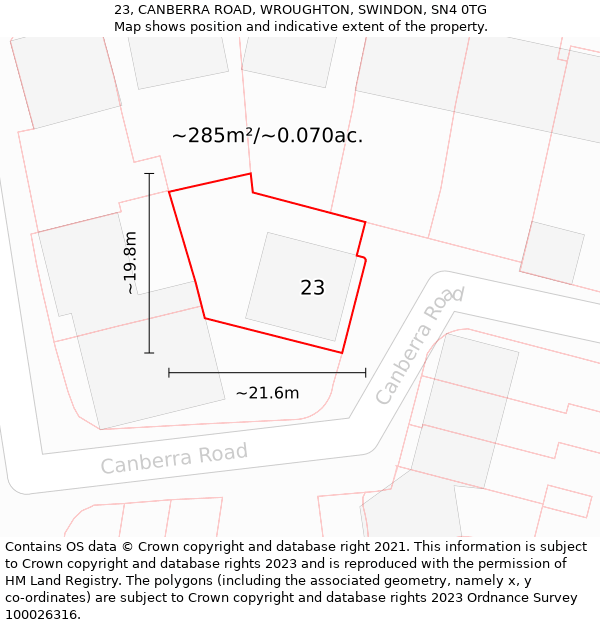 23, CANBERRA ROAD, WROUGHTON, SWINDON, SN4 0TG: Plot and title map