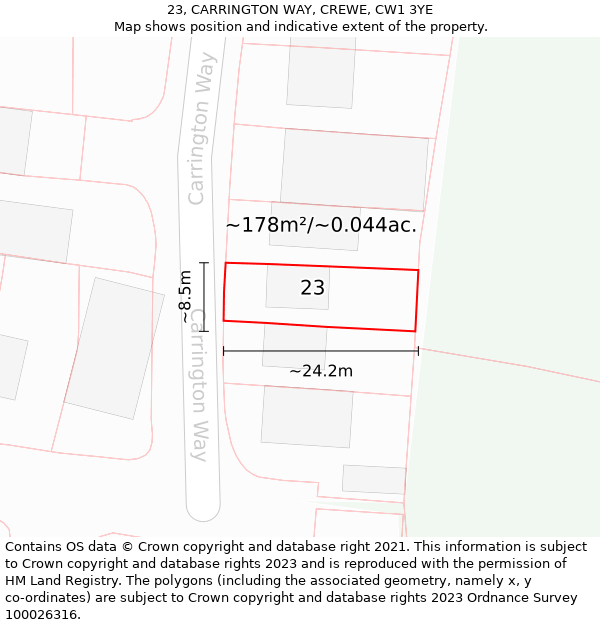 23, CARRINGTON WAY, CREWE, CW1 3YE: Plot and title map