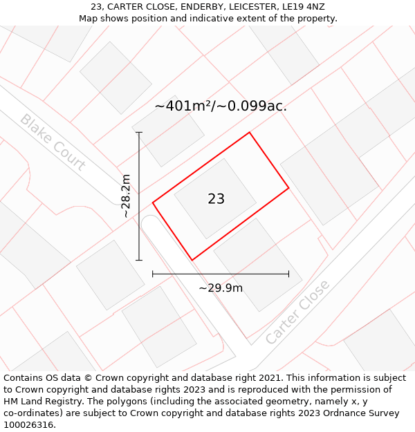 23, CARTER CLOSE, ENDERBY, LEICESTER, LE19 4NZ: Plot and title map