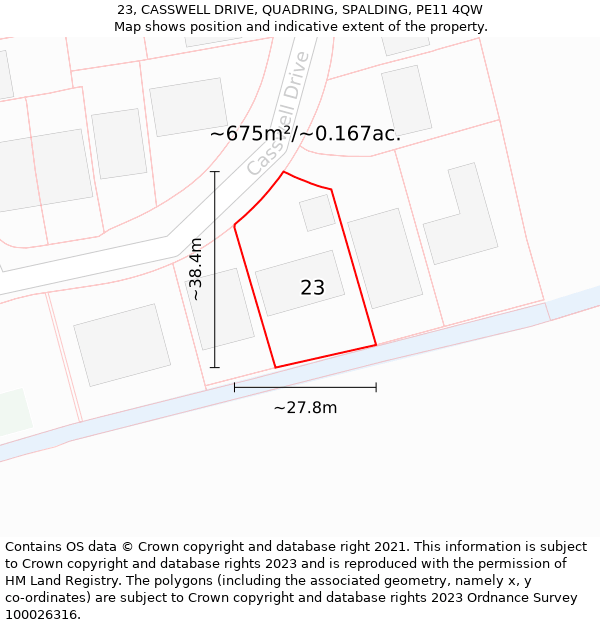 23, CASSWELL DRIVE, QUADRING, SPALDING, PE11 4QW: Plot and title map