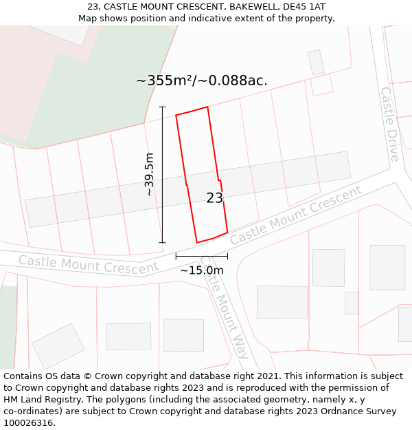 23, CASTLE MOUNT CRESCENT, BAKEWELL, DE45 1AT: Plot and title map