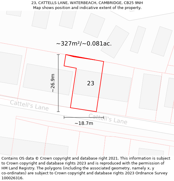 23, CATTELLS LANE, WATERBEACH, CAMBRIDGE, CB25 9NH: Plot and title map