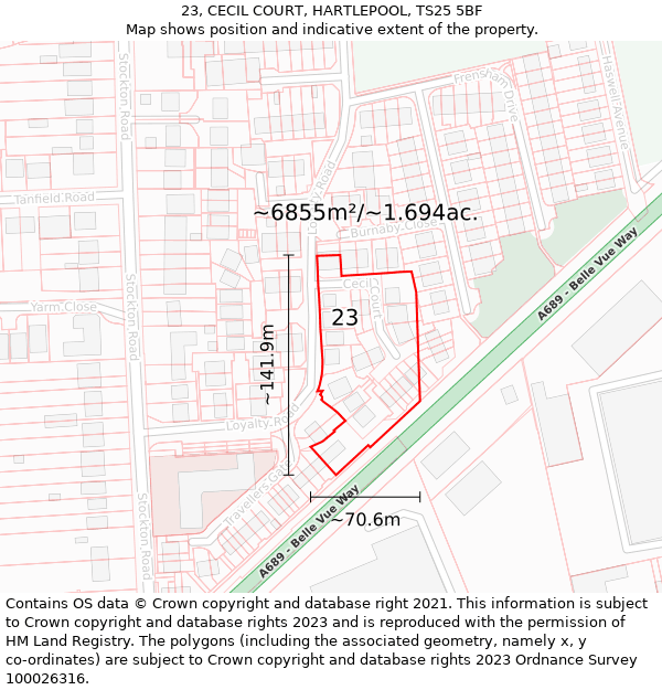 23, CECIL COURT, HARTLEPOOL, TS25 5BF: Plot and title map