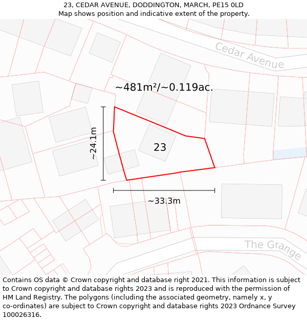 23, CEDAR AVENUE, DODDINGTON, MARCH, PE15 0LD: Plot and title map