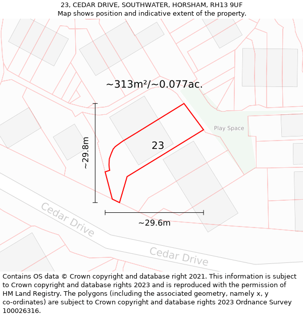 23, CEDAR DRIVE, SOUTHWATER, HORSHAM, RH13 9UF: Plot and title map