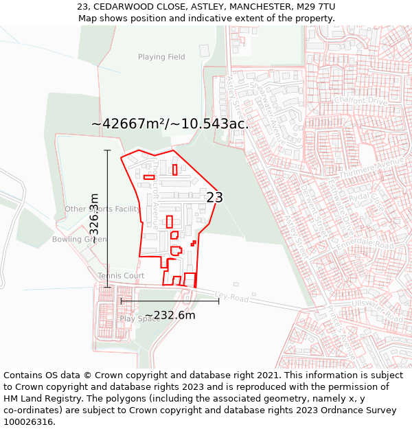 23, CEDARWOOD CLOSE, ASTLEY, MANCHESTER, M29 7TU: Plot and title map