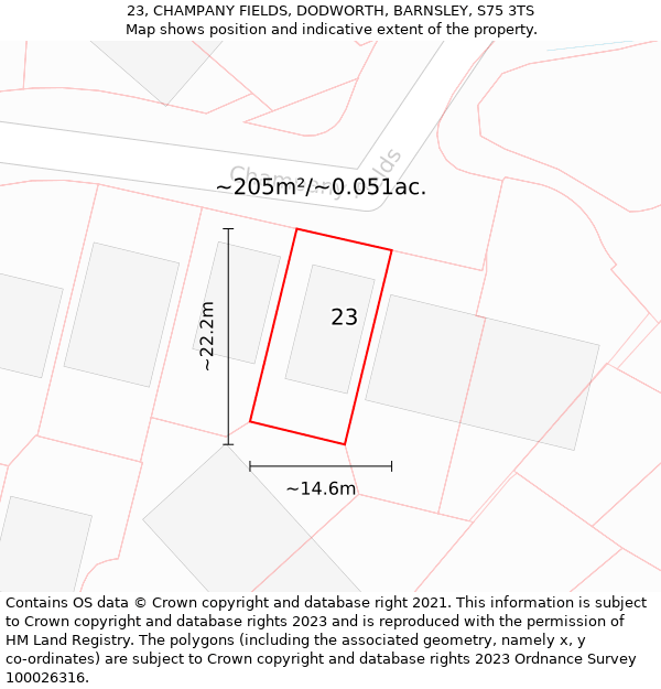 23, CHAMPANY FIELDS, DODWORTH, BARNSLEY, S75 3TS: Plot and title map