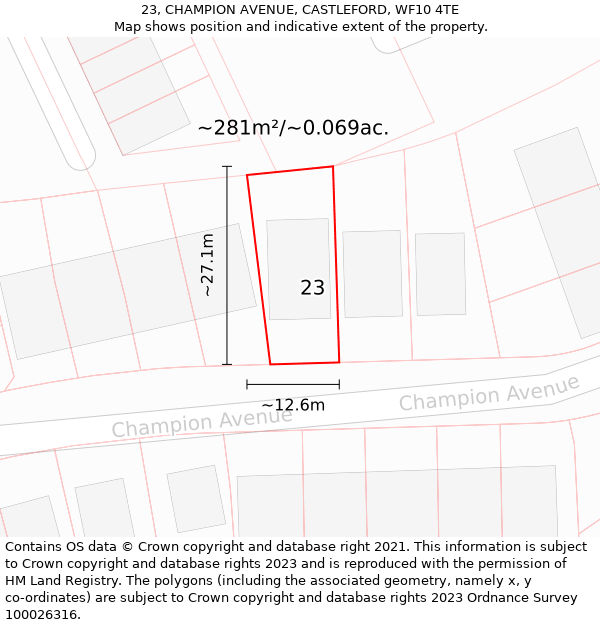 23, CHAMPION AVENUE, CASTLEFORD, WF10 4TE: Plot and title map