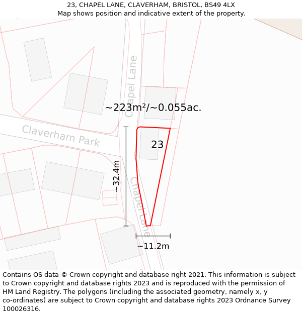 23, CHAPEL LANE, CLAVERHAM, BRISTOL, BS49 4LX: Plot and title map