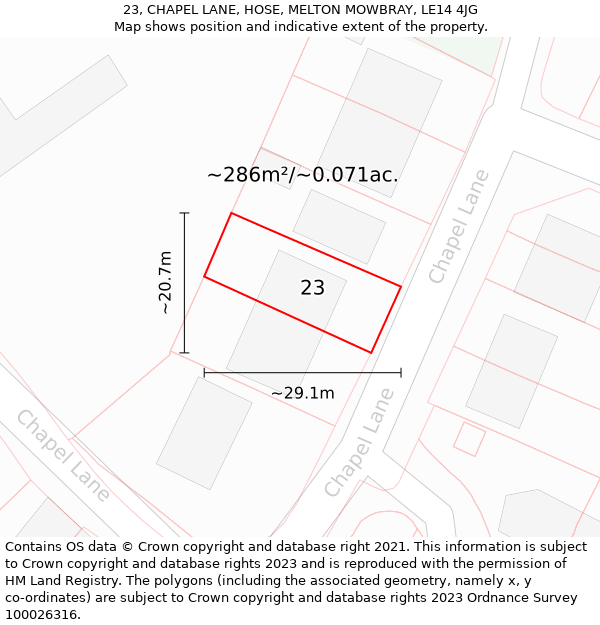 23, CHAPEL LANE, HOSE, MELTON MOWBRAY, LE14 4JG: Plot and title map