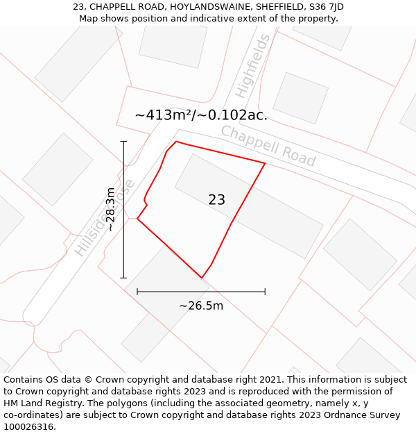 23, CHAPPELL ROAD, HOYLANDSWAINE, SHEFFIELD, S36 7JD: Plot and title map