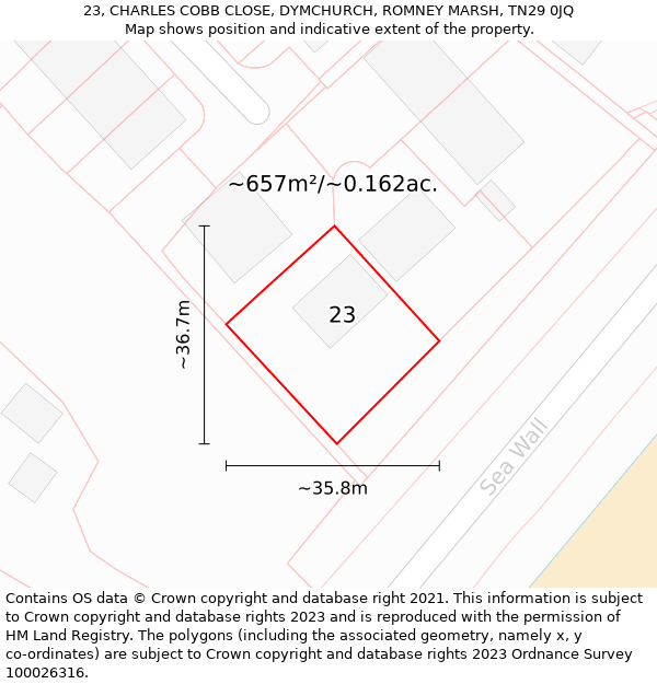 23, CHARLES COBB CLOSE, DYMCHURCH, ROMNEY MARSH, TN29 0JQ: Plot and title map