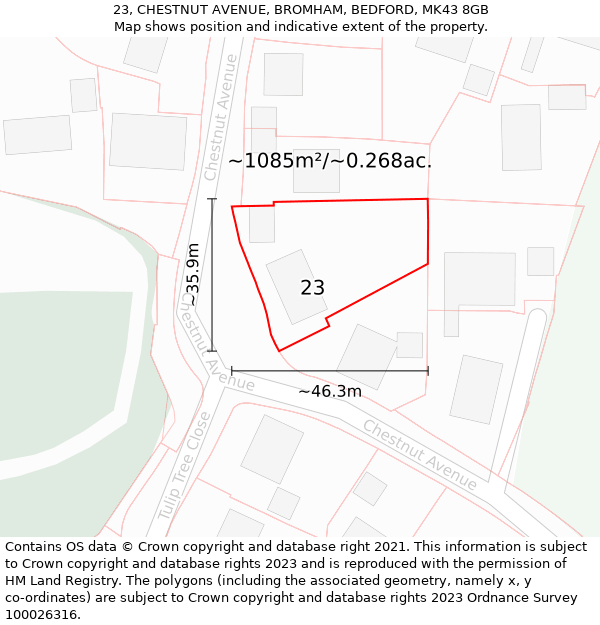 23, CHESTNUT AVENUE, BROMHAM, BEDFORD, MK43 8GB: Plot and title map