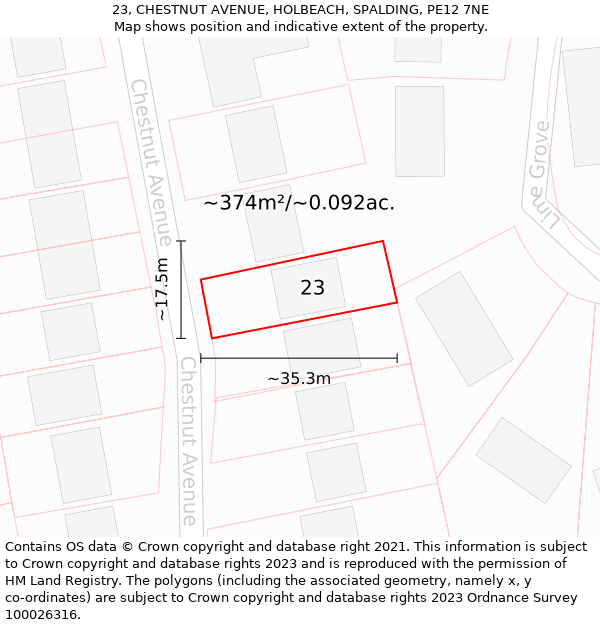 23, CHESTNUT AVENUE, HOLBEACH, SPALDING, PE12 7NE: Plot and title map