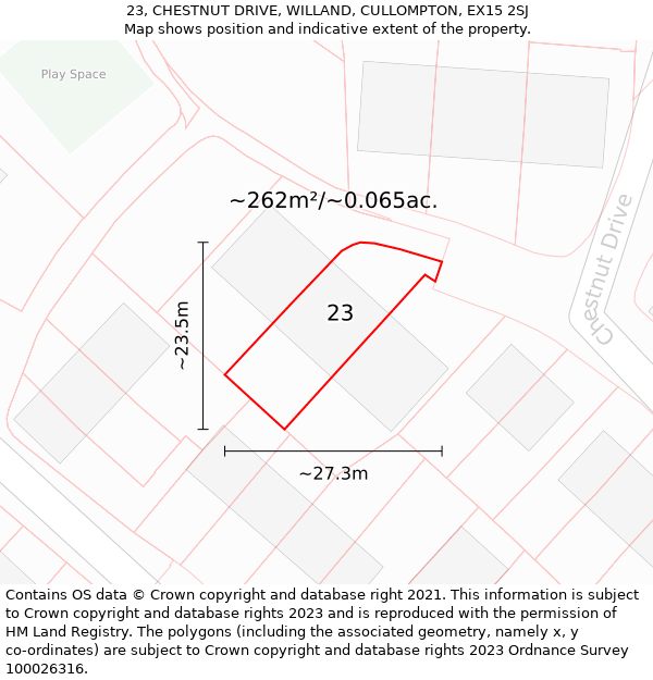 23, CHESTNUT DRIVE, WILLAND, CULLOMPTON, EX15 2SJ: Plot and title map