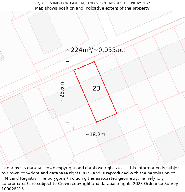 23, CHEVINGTON GREEN, HADSTON, MORPETH, NE65 9AX: Plot and title map