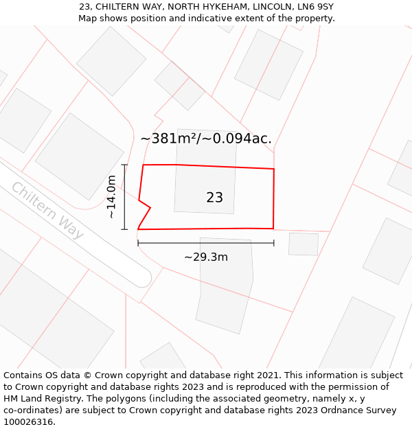 23, CHILTERN WAY, NORTH HYKEHAM, LINCOLN, LN6 9SY: Plot and title map