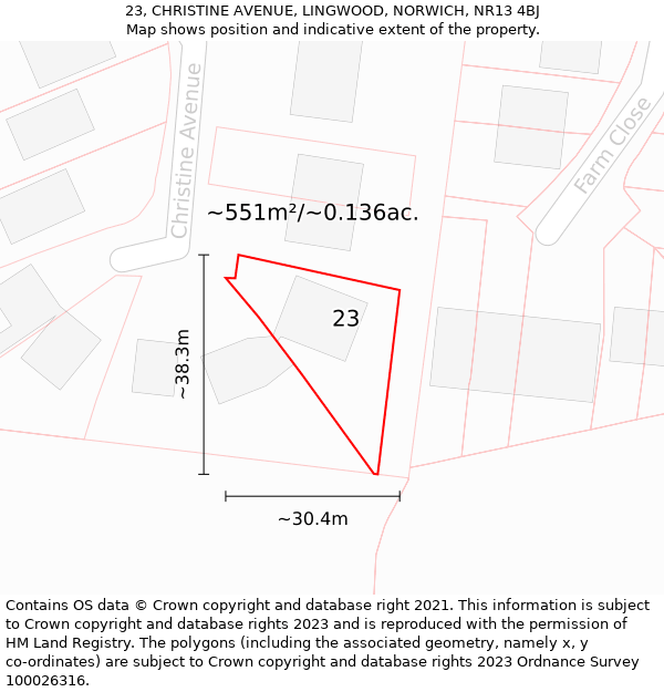 23, CHRISTINE AVENUE, LINGWOOD, NORWICH, NR13 4BJ: Plot and title map