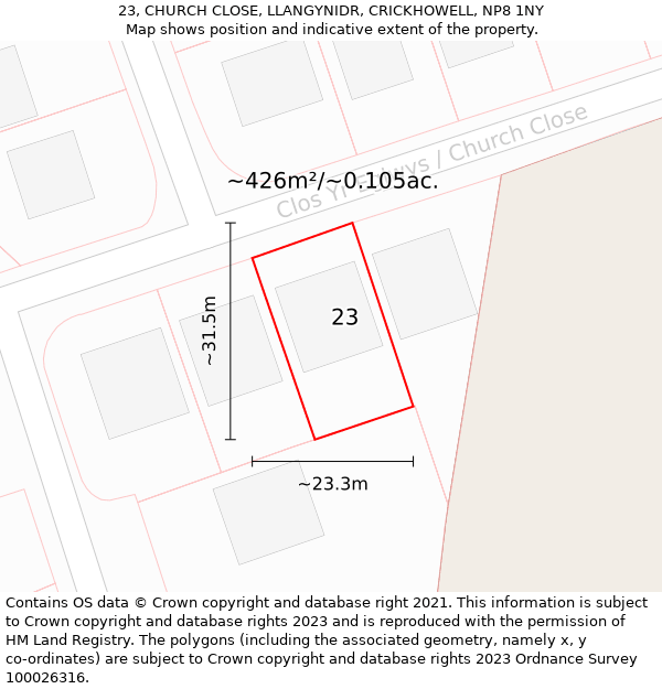 23, CHURCH CLOSE, LLANGYNIDR, CRICKHOWELL, NP8 1NY: Plot and title map