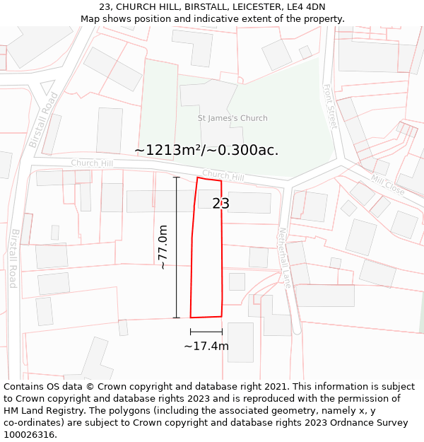 23, CHURCH HILL, BIRSTALL, LEICESTER, LE4 4DN: Plot and title map