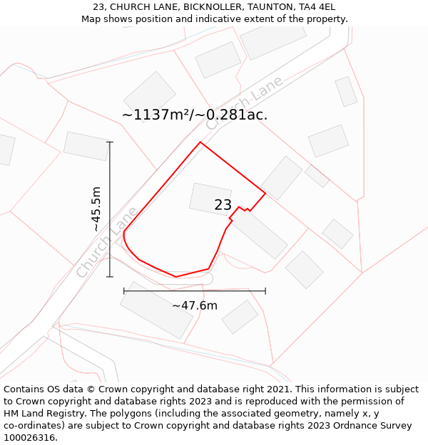 23, CHURCH LANE, BICKNOLLER, TAUNTON, TA4 4EL: Plot and title map