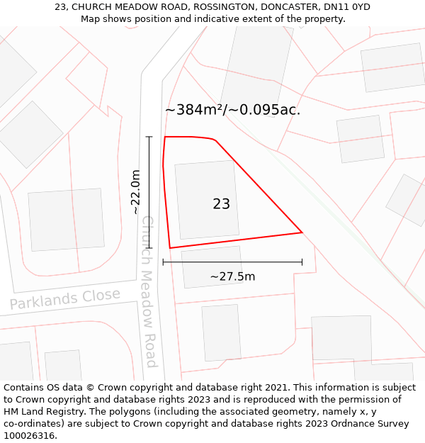 23, CHURCH MEADOW ROAD, ROSSINGTON, DONCASTER, DN11 0YD: Plot and title map