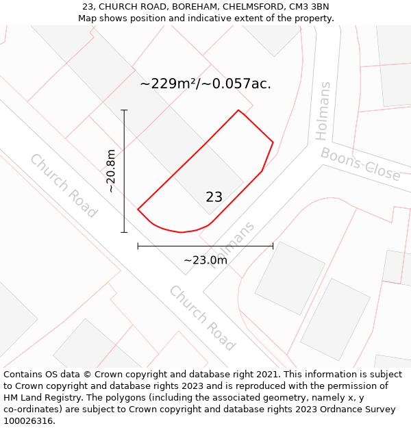 23, CHURCH ROAD, BOREHAM, CHELMSFORD, CM3 3BN: Plot and title map