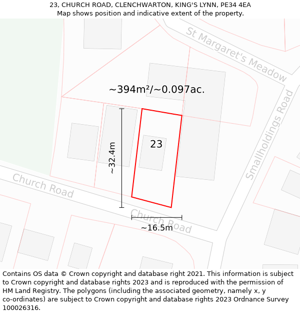 23, CHURCH ROAD, CLENCHWARTON, KING'S LYNN, PE34 4EA: Plot and title map