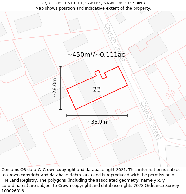 23, CHURCH STREET, CARLBY, STAMFORD, PE9 4NB: Plot and title map