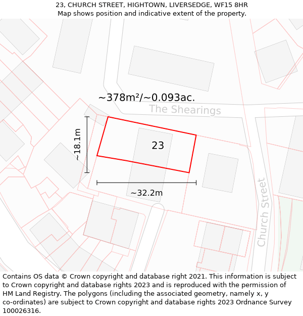 23, CHURCH STREET, HIGHTOWN, LIVERSEDGE, WF15 8HR: Plot and title map