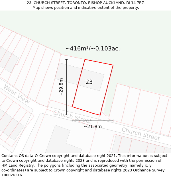 23, CHURCH STREET, TORONTO, BISHOP AUCKLAND, DL14 7RZ: Plot and title map