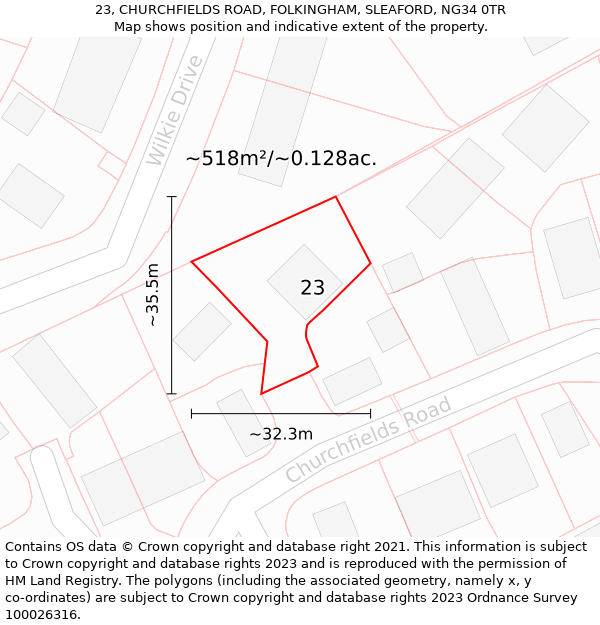 23, CHURCHFIELDS ROAD, FOLKINGHAM, SLEAFORD, NG34 0TR: Plot and title map