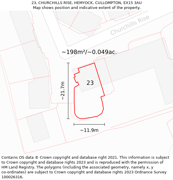 23, CHURCHILLS RISE, HEMYOCK, CULLOMPTON, EX15 3AU: Plot and title map