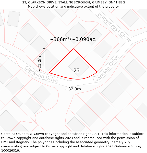 23, CLARKSON DRIVE, STALLINGBOROUGH, GRIMSBY, DN41 8BQ: Plot and title map