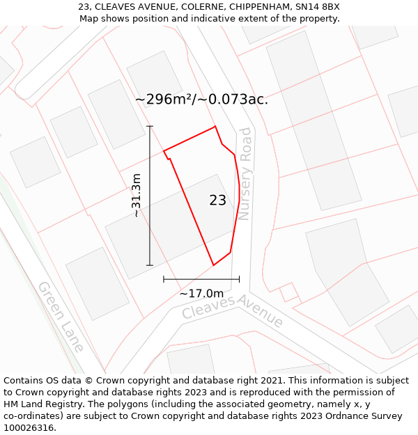 23, CLEAVES AVENUE, COLERNE, CHIPPENHAM, SN14 8BX: Plot and title map