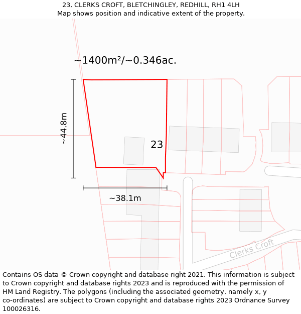 23, CLERKS CROFT, BLETCHINGLEY, REDHILL, RH1 4LH: Plot and title map