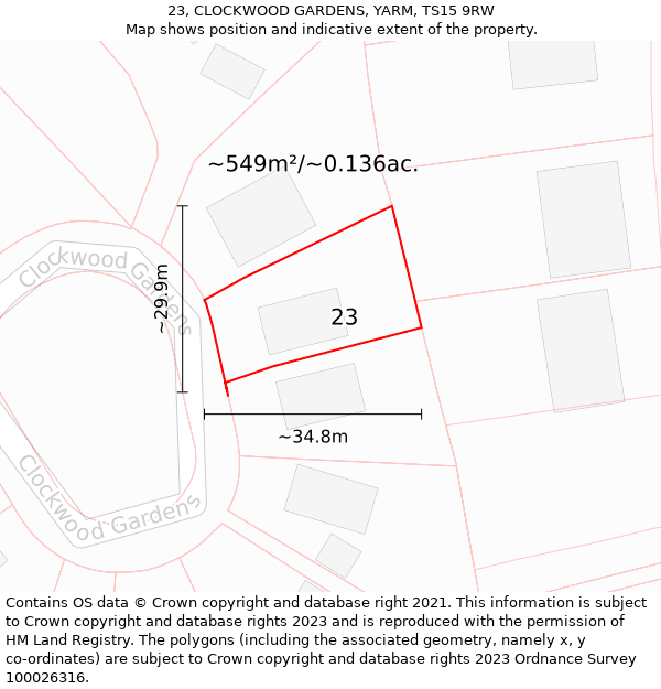 23, CLOCKWOOD GARDENS, YARM, TS15 9RW: Plot and title map