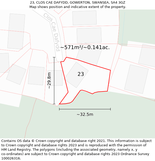 23, CLOS CAE DAFYDD, GOWERTON, SWANSEA, SA4 3GZ: Plot and title map