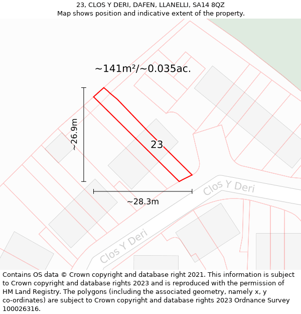 23, CLOS Y DERI, DAFEN, LLANELLI, SA14 8QZ: Plot and title map