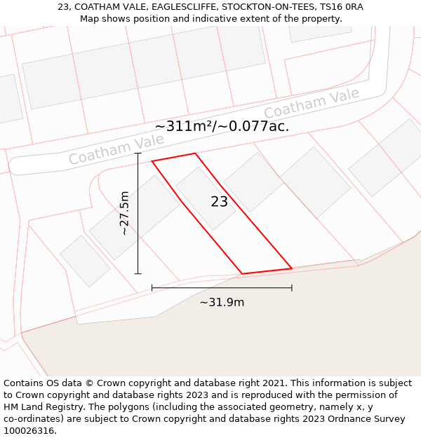 23, COATHAM VALE, EAGLESCLIFFE, STOCKTON-ON-TEES, TS16 0RA: Plot and title map