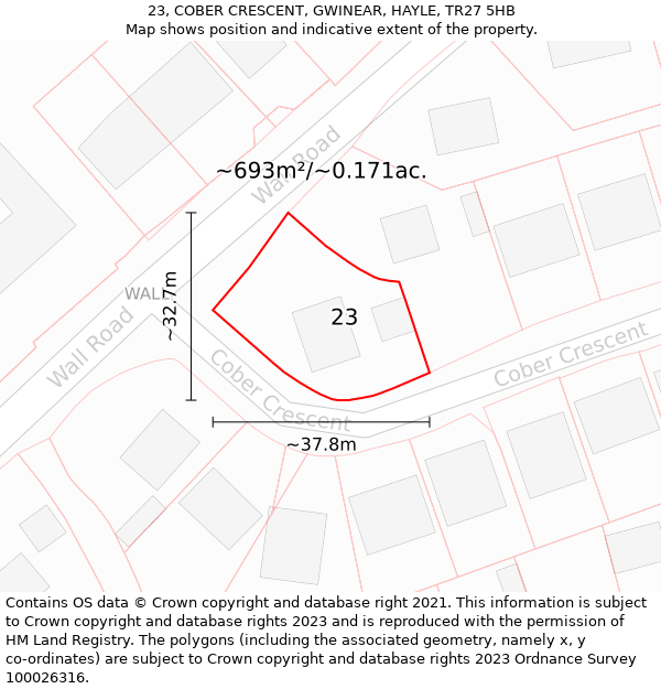 23, COBER CRESCENT, GWINEAR, HAYLE, TR27 5HB: Plot and title map