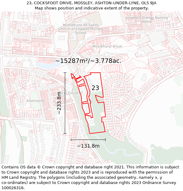 23, COCKSFOOT DRIVE, MOSSLEY, ASHTON-UNDER-LYNE, OL5 9JA: Plot and title map